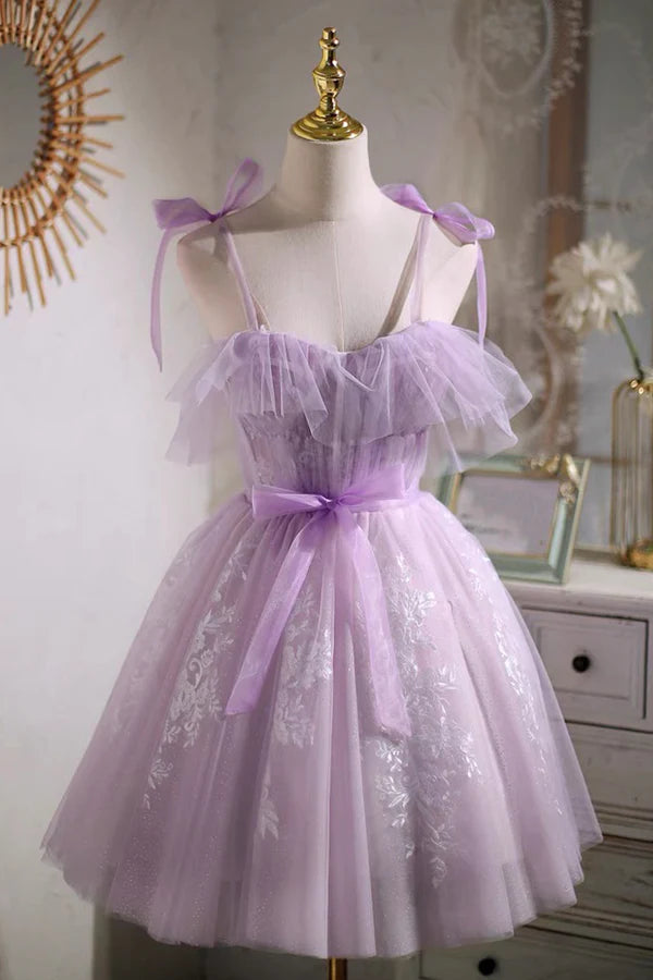 Wholesale Lilac Spaghetti Strap Tulle Lace Short Prom Dress Lovely A-Line Party Dress